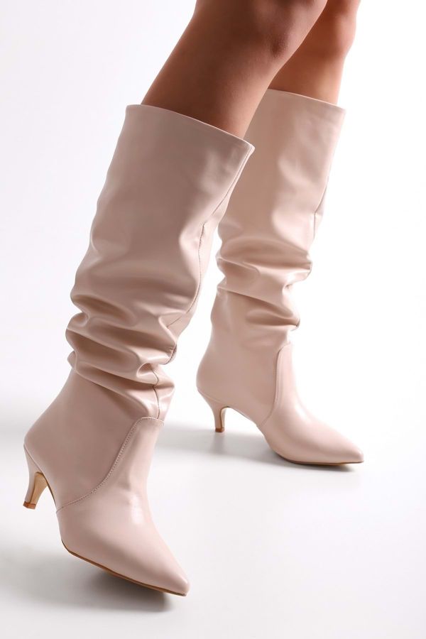Shoeberry Shoeberry Women's Verda Beige Skin Gathered Heel Boots Beige Skin