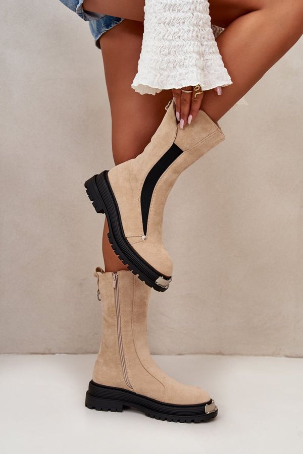 Kesi Suede insulated ankle boots on a flat heel light beige Palimra