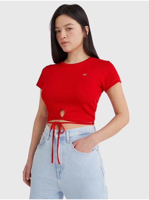 Tommy Hilfiger Tommy Jeans Red Women Ribbed Cropped T-Shirt with Tie at Waist Tom - Women