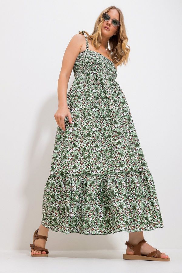 Trend Alaçatı Stili Trend Alaçatı Stili Women's Almond Green Strap Skirt Flounce Floral Patterned Gimped Woven Dress
