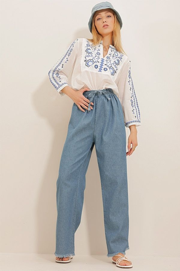 Trend Alaçatı Stili Trend Alaçatı Stili Women's Aviator Blue High Waist Palazzo Jeans with Tassels Tassels