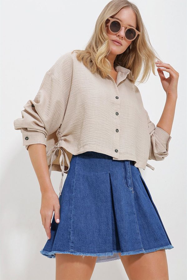 Trend Alaçatı Stili Trend Alaçatı Stili Women's Beige Gathered Melange Linen Crop Shirt