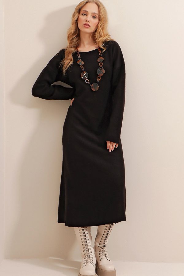 Trend Alaçatı Stili Trend Alaçatı Stili Women's Black Boat Neck Wool Effect Knitwear Dress