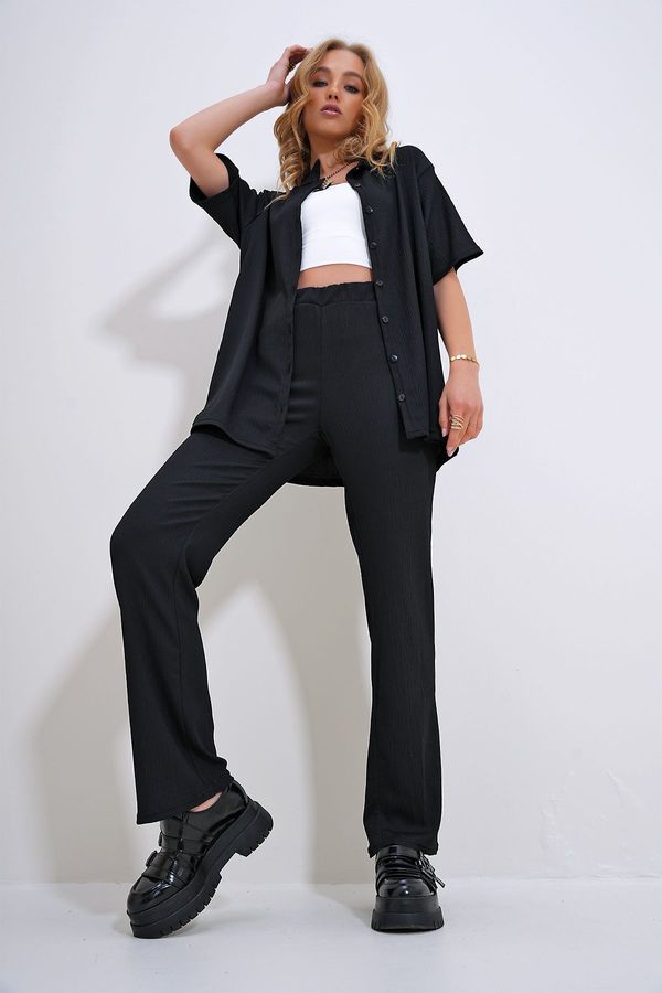 Trend Alaçatı Stili Trend Alaçatı Stili Women's Black Boy Friend Shirt and High Waist Trousers Wrap Suit