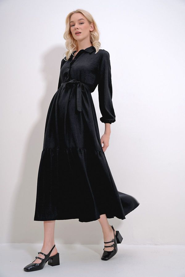 Trend Alaçatı Stili Trend Alaçatı Stili Women's Black Buttoned Front Skirt Flounced Flamed Linen Maxiboy Dress