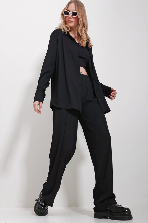 Trend Alaçatı Stili Trend Alaçatı Stili Women's Black Crop Undershirt Shirt And Trousers Suit