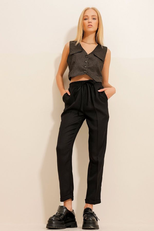 Trend Alaçatı Stili Trend Alaçatı Stili Women's Black Herringbone Patterned Elastic Waist Double Cuff Trousers