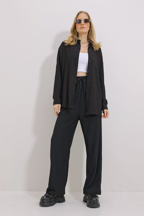 Trend Alaçatı Stili Trend Alaçatı Stili Women's Black Oversize Shirt And Relaxed Cut Crinkle Trousers Suit