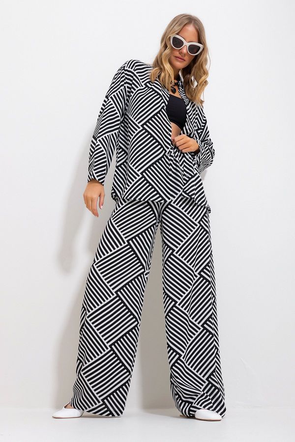 Trend Alaçatı Stili Trend Alaçatı Stili Women's Black Patterned Shirt And Trousers Bottom Top Woven Suit