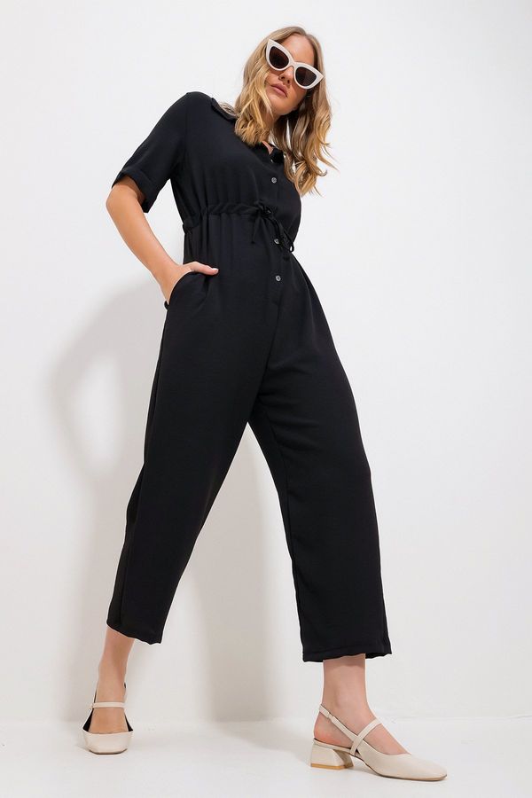 Trend Alaçatı Stili Trend Alaçatı Stili Women's Black Shirt Collar Hidden Double Pocket Tie Waist Woven Jumpsuit