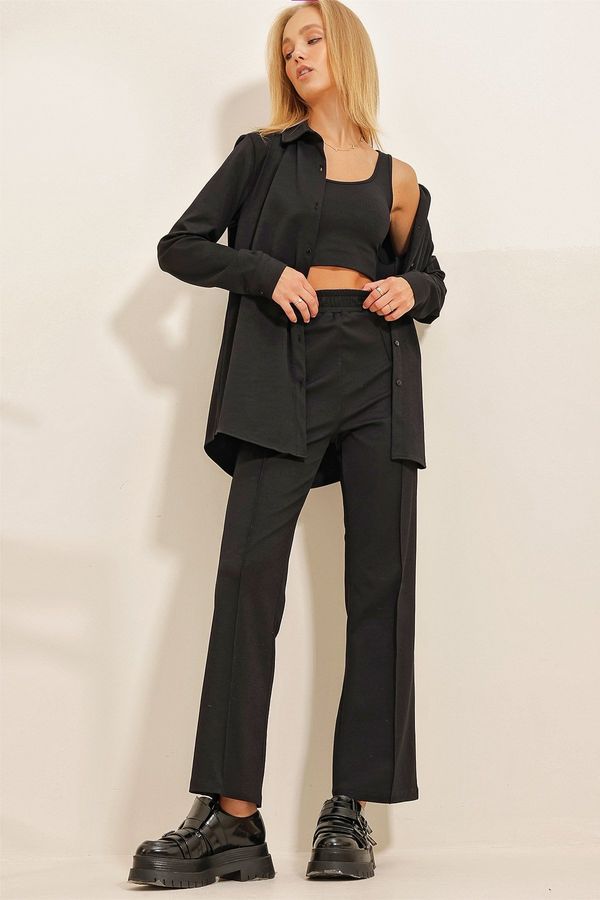 Trend Alaçatı Stili Trend Alaçatı Stili Women's Black Shirt, Crop Blouse And Grassy Trousers 3-Piece Suit