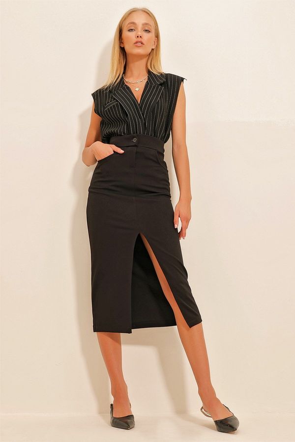 Trend Alaçatı Stili Trend Alaçatı Stili Women's Black Slit Midilength Skirt