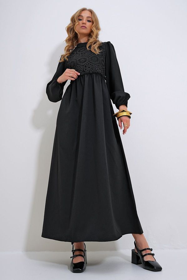 Trend Alaçatı Stili Trend Alaçatı Stili Women's Black Stand Collar Crochet Braided Back Zipper Woven Dress