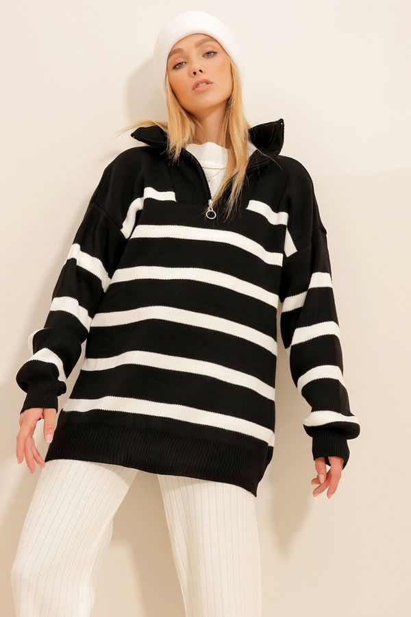 Trend Alaçatı Stili Trend Alaçatı Stili Women's Black Zippered Striped Knitwear Winter Sweater