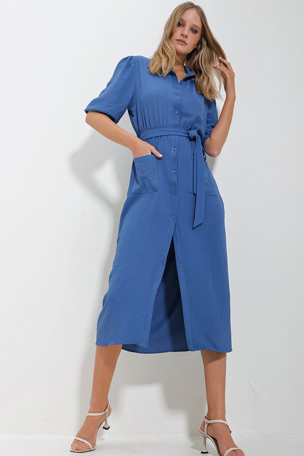 Trend Alaçatı Stili Trend Alaçatı Stili Women's Blue Double Pocket Watermelon Sleeve Aerobin Shirt Dress