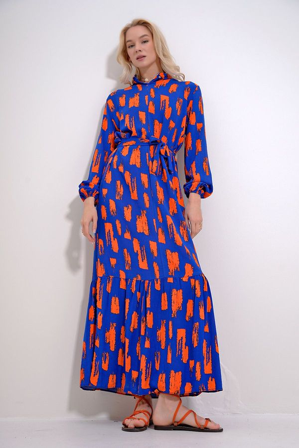 Trend Alaçatı Stili Trend Alaçatı Stili Women's Blue-Orange Crew Neck Patterned Skirt Flounce Belted Waist Maxiboy Dress