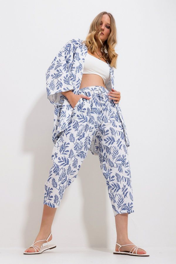 Trend Alaçatı Stili Trend Alaçatı Stili Women's Blue Patterned Kimono With Jacket And Trousers Linen Woven Bottom Top Suit