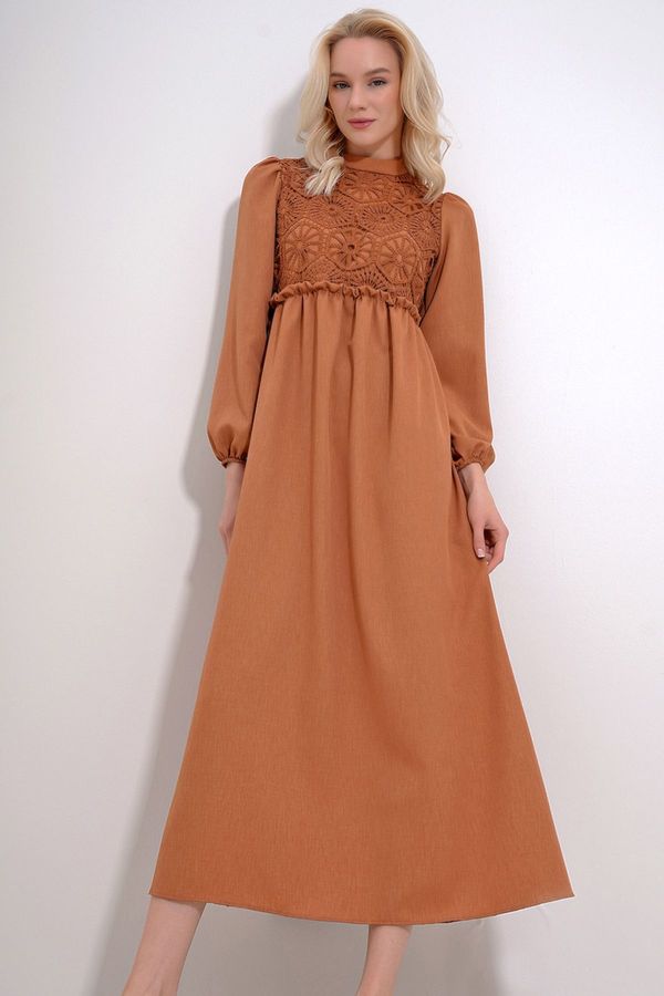 Trend Alaçatı Stili Trend Alaçatı Stili Women's Brown Stand Collar Crochet Braided Back Zipper Woven Dress
