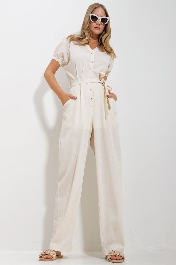 Trend Alaçatı Stili Trend Alaçatı Stili Women's Cream Front Buttoned Double Pocket Mikanos Linen Jumpsuit