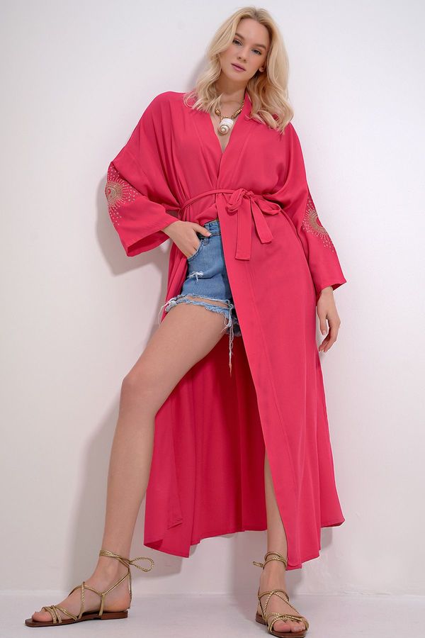 Trend Alaçatı Stili Trend Alaçatı Stili Women's Fuchsia Back and Sleeves with Glitter Embroidery and Belted Waist Maxiboy Kimino Kaftan