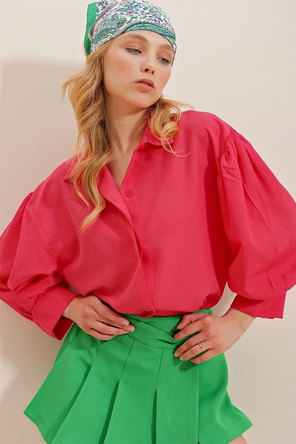 Trend Alaçatı Stili Trend Alaçatı Stili Women's Fuchsia Balloon Sleeve Concealed Poplin Basic Poplin Shirt