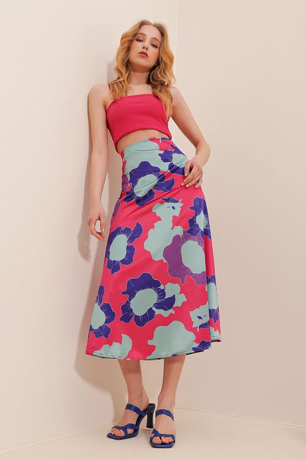 Trend Alaçatı Stili Trend Alaçatı Stili Women's Fuchsia High Waist Hidden Zipper Patterned Midiboy Satin Skirt