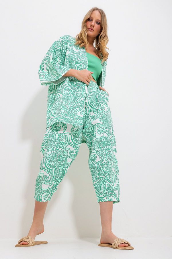 Trend Alaçatı Stili Trend Alaçatı Stili Women's Green Patterned Kimono With Jacket And Trousers Linen Woven Bottom Top Suit