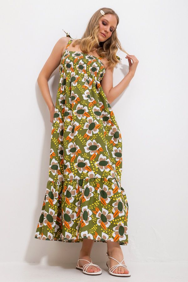 Trend Alaçatı Stili Trend Alaçatı Stili Women's Khaki Strap Skirt Flounce Floral Patterned Gimped Woven Dress