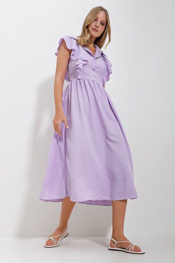 Trend Alaçatı Stili Trend Alaçatı Stili Women's Lilac Shirt Collar Half Pop Ruffle Detail Hidden Zipper Midi Length Dress