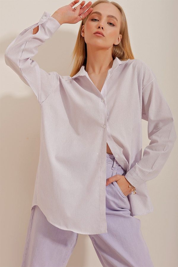 Trend Alaçatı Stili Trend Alaçatı Stili Women's Lilac Striped Oversize Shirt