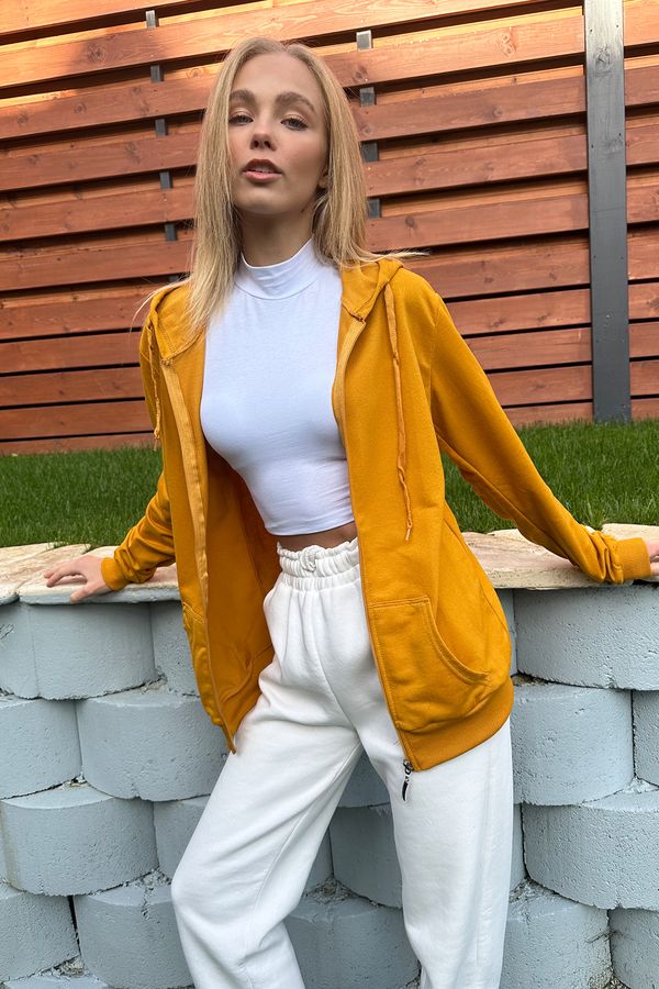 Trend Alaçatı Stili Trend Alaçatı Stili Women's Mustard Yellow Hooded Double Pocket Zippered Oversize Sweatshirt