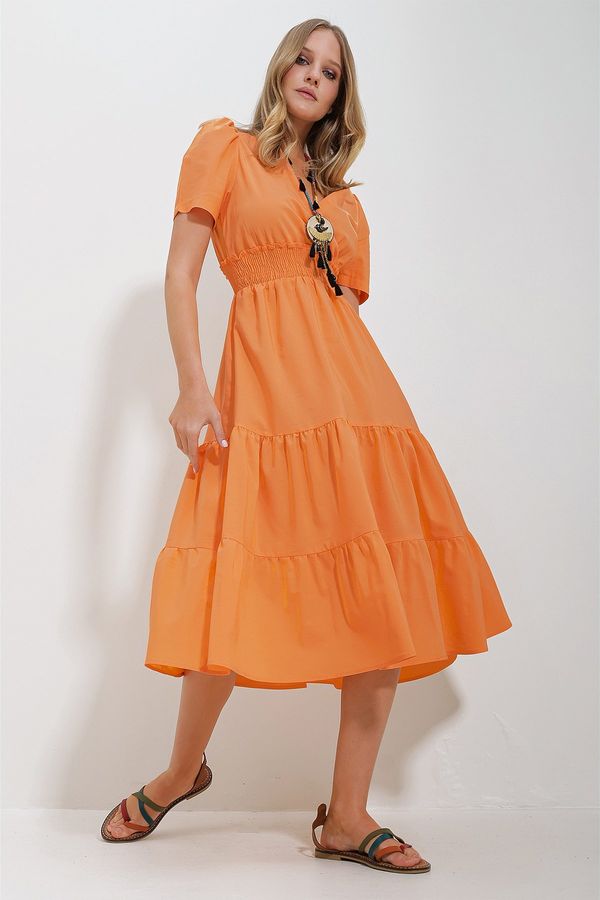 Trend Alaçatı Stili Trend Alaçatı Stili Women's Orange Double Breasted Waist Gimped Walloon Woven Poplin Dress