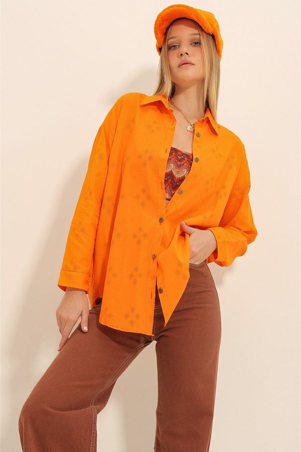 Trend Alaçatı Stili Trend Alaçatı Stili Women's Orange Motif Oversize Linen Shirt