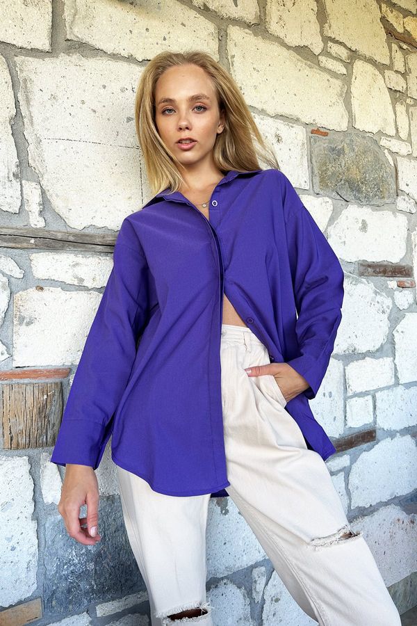 Trend Alaçatı Stili Trend Alaçatı Stili Women's Purple Oversize Long Woven Shirt