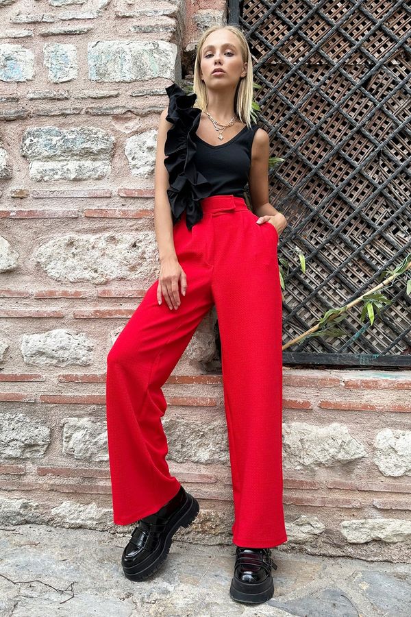 Trend Alaçatı Stili Trend Alaçatı Stili Women's Red High Waist Double Pockets Pleated Palazzo Pants with Snap Fastener