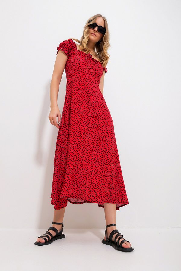 Trend Alaçatı Stili Trend Alaçatı Stili Women's Red Square Neck Floral Pattern Woven Dress