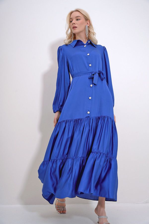 Trend Alaçatı Stili Trend Alaçatı Stili Women's Saks Shirt Collar Stone Button Detailed Skirt Frilly Woven Viscose Dress