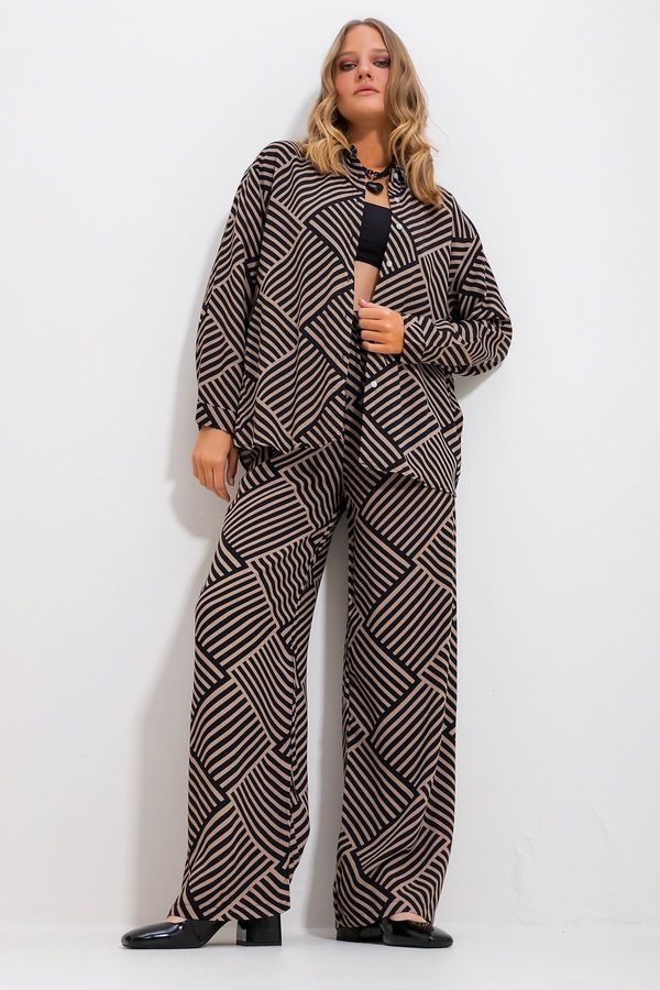 Trend Alaçatı Stili Trend Alaçatı Stili Women's Sand Beige-Black Patterned Shirt And Trousers Bottom Top Woven Suit