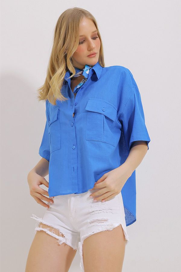 Trend Alaçatı Stili Trend Alaçatı Stili Women's Saxe Blue Double Pocket Half Sleeve Linen Shirt