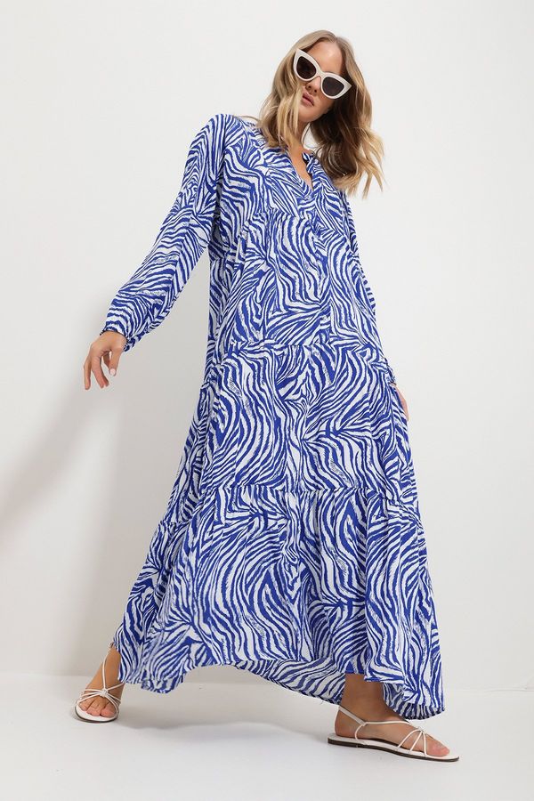 Trend Alaçatı Stili Trend Alaçatı Stili Women's Saxe Blue Large Collar Shawl Patterned Maxi Length Dress