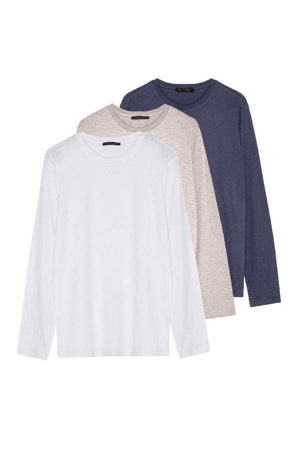 Trendyol Trendyol 3-Pack Dark Grey-Beige-White Slim/Slim Fit 100% Cotton Long Sleeve Basic T-Shirt