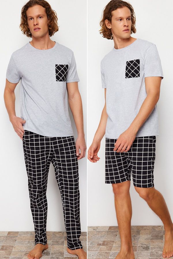 Trendyol Trendyol 3-Piece Black Plaid Patterned Regular Fit Knitted Pajamas Set