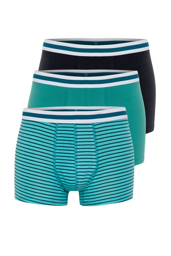 Trendyol Trendyol 3-Piece Green-Navy Blue Striped-Plain Mix Cotton Boxer