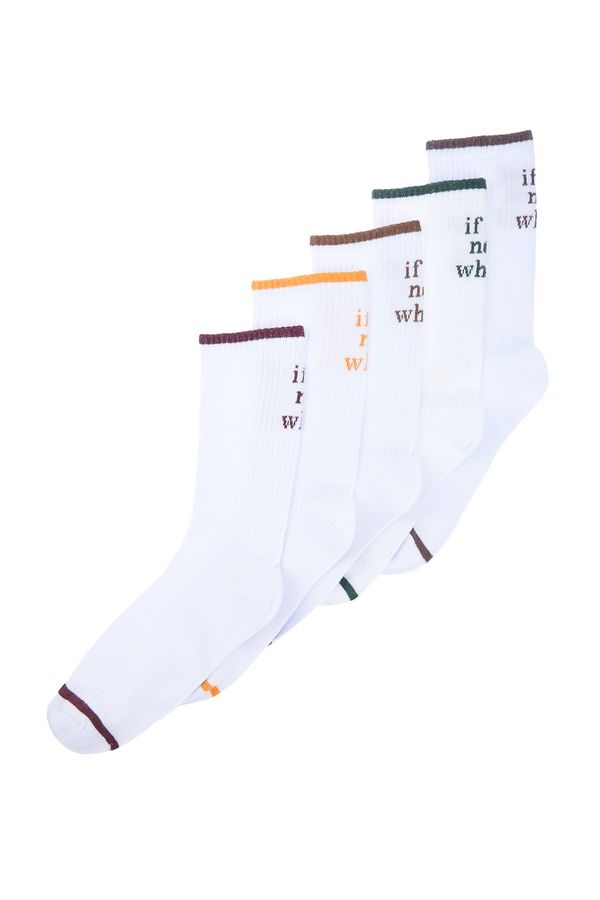 Trendyol Trendyol 5-Pack White Cotton Text Pattern Striped Toe College-Tennis-Mid-Length Socks