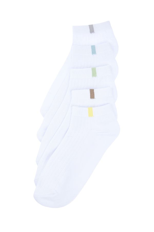 Trendyol Trendyol 5-Pack White Cotton Textured Contrast Color Block Booties-Short-Ankle Socks