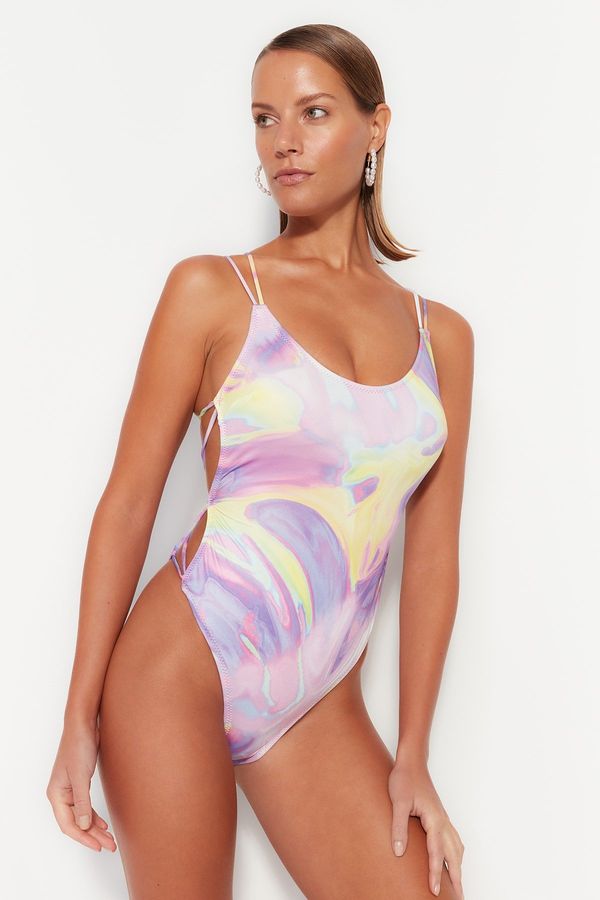 Trendyol Trendyol Abstract Patterned Round Neck Swimwear with Low-Cut Back Regular Leg