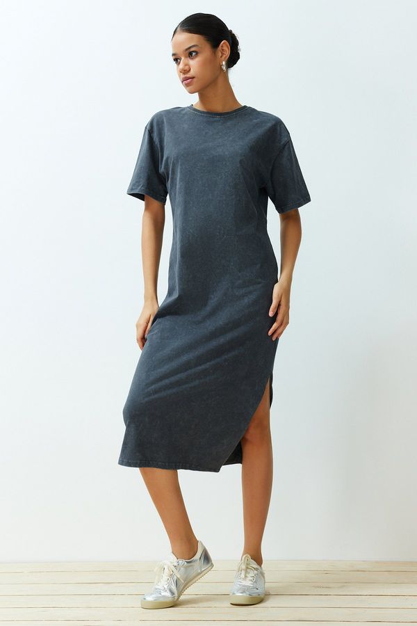 Trendyol Trendyol Anthracite 100% Cotton Distressed Effect Slit Shift/Comfortable Fit Knitted Midi Dress