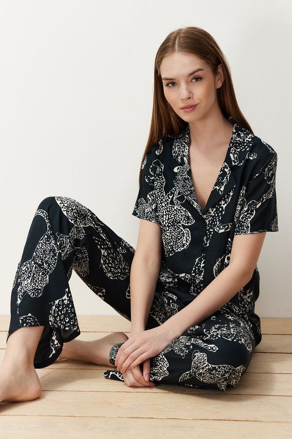 Trendyol Trendyol Anthracite Animal Patterned Viscose Woven Pajama Set