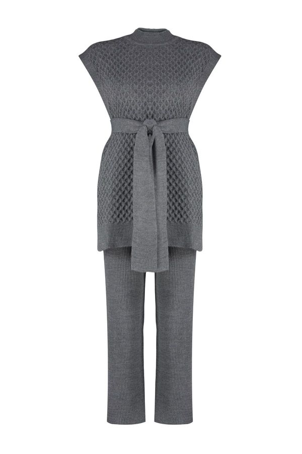 Trendyol Trendyol Anthracite Belted Brass Knitted Sweater-Pants Knitwear Bottom-Top Set