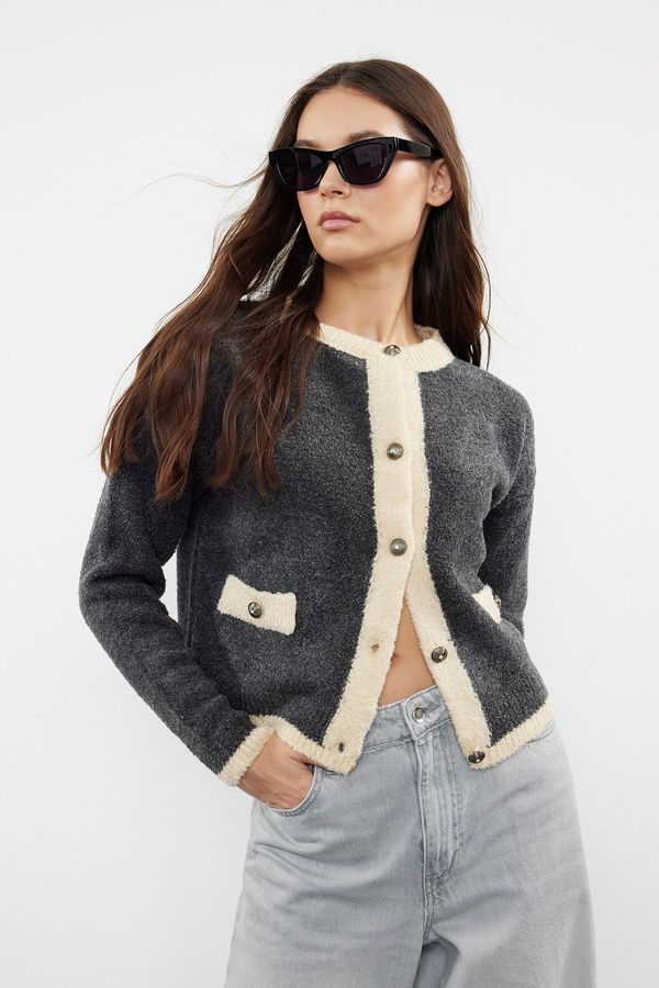 Trendyol Trendyol Anthracite Boucle Yarn Color Block Jacket-Look Knitwear Cardigan